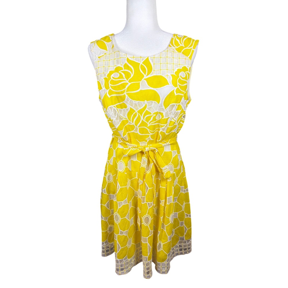Robbie Bee Womens Yellow White Floral Lace Fit & Flare Belted Dress Size 14